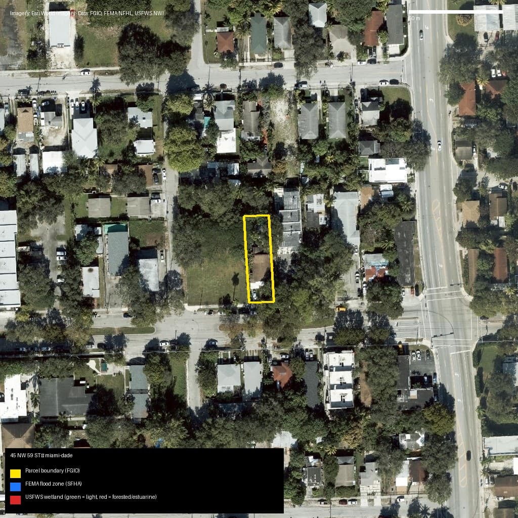GIS map with parcel polygon, FEMA zone and wetlands — 45 NW 59 ST, Miami, FL, 33127
