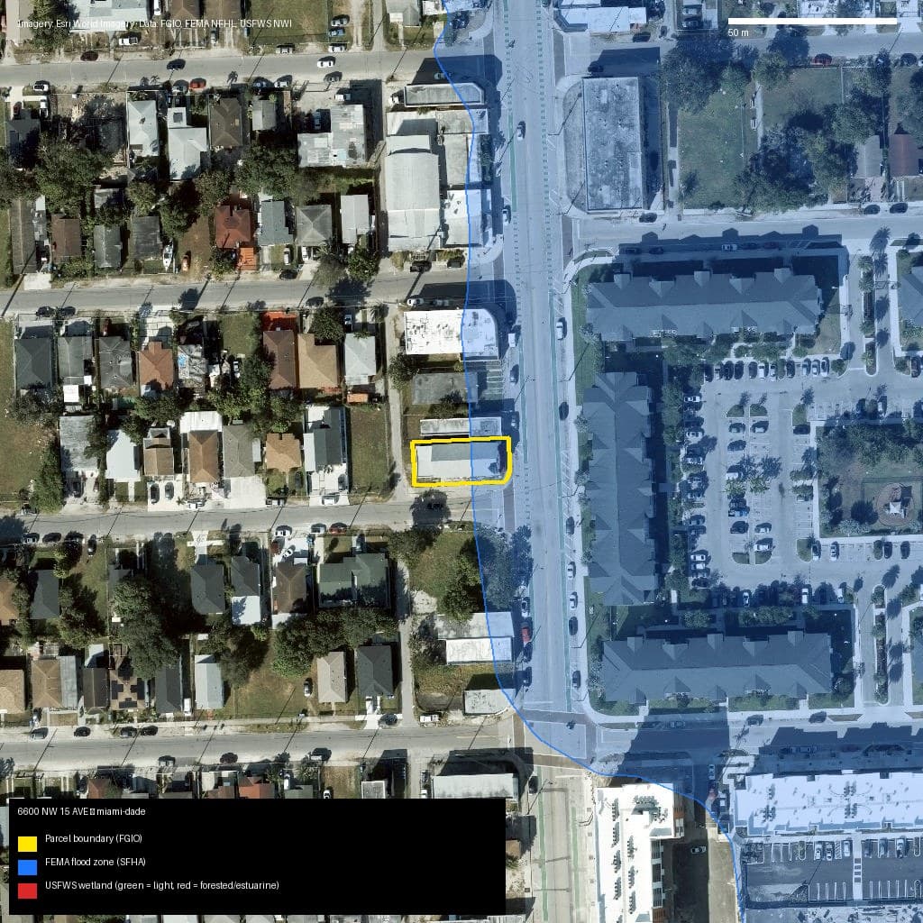 GIS map with parcel polygon, FEMA zone and wetlands — 6600 NW 15 AVE, Miami, FL, 33147