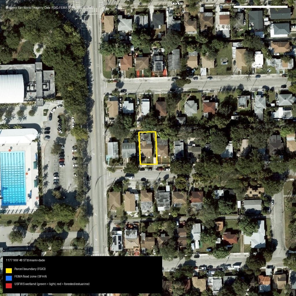 GIS map with parcel polygon, FEMA zone and wetlands — 1177 NW 48 ST, Miami, FL, 33127