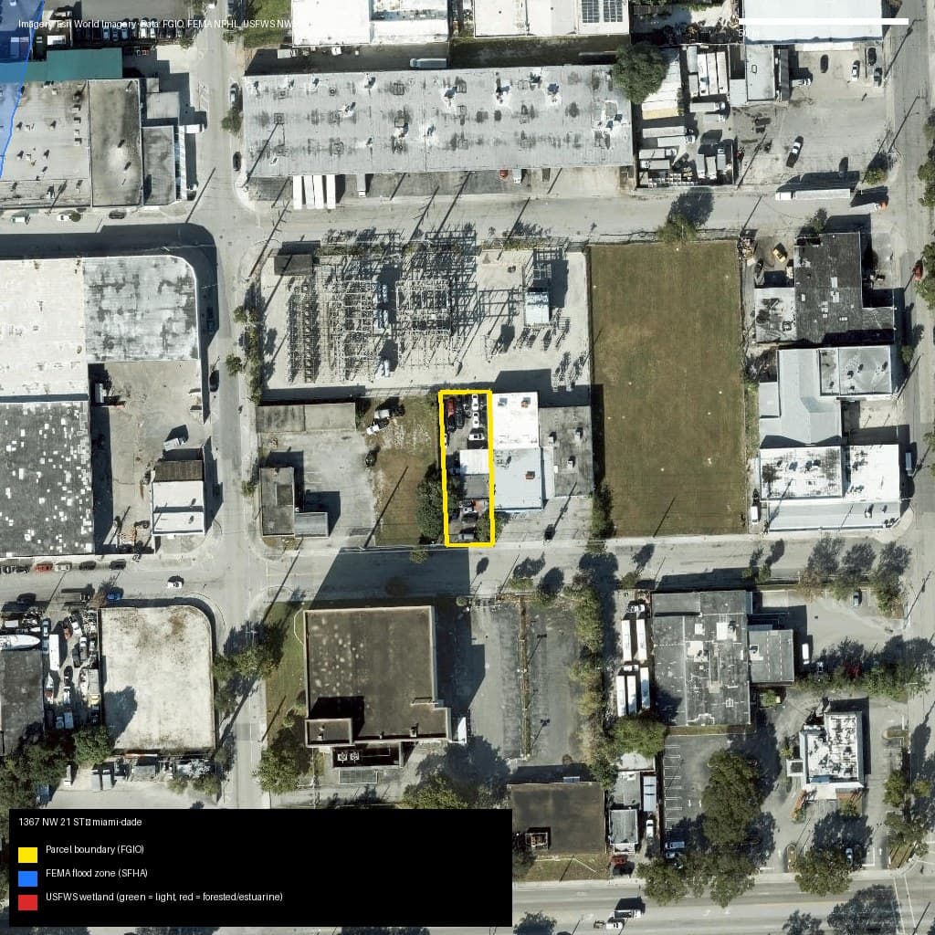 GIS map with parcel polygon, FEMA zone and wetlands — 1367 NW 21 ST, Miami, FL, 33142