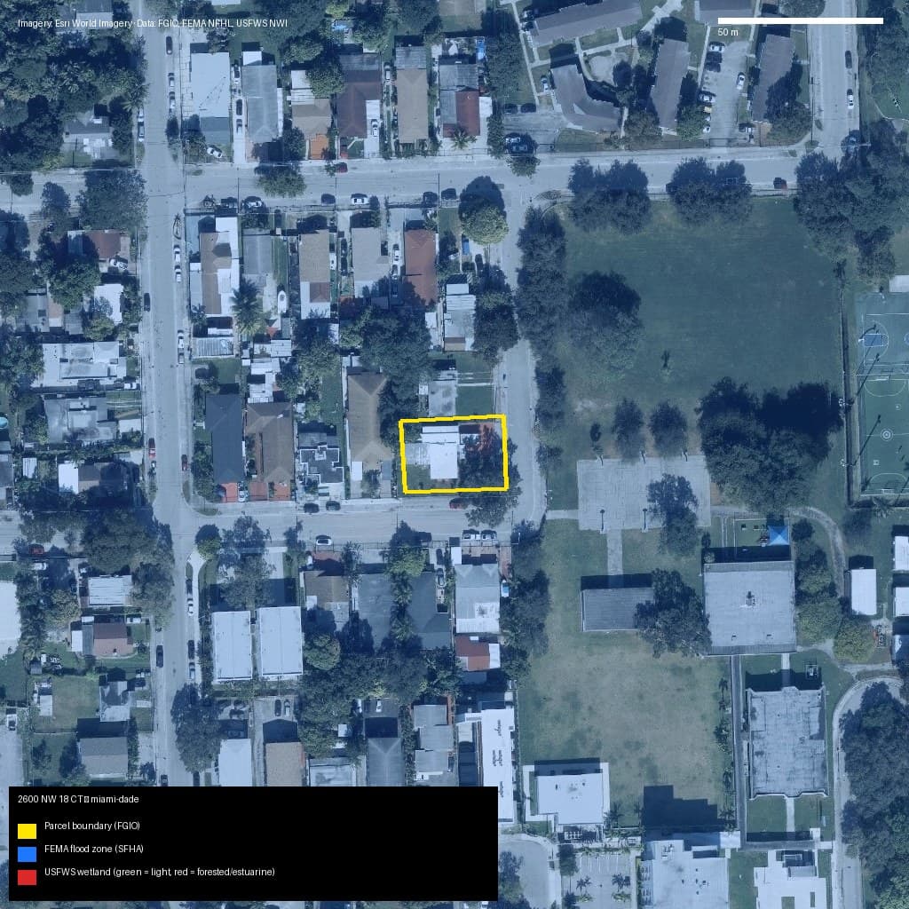 GIS map with parcel polygon, FEMA zone and wetlands — 2600 NW 18 CT, Miami, FL, 33142
