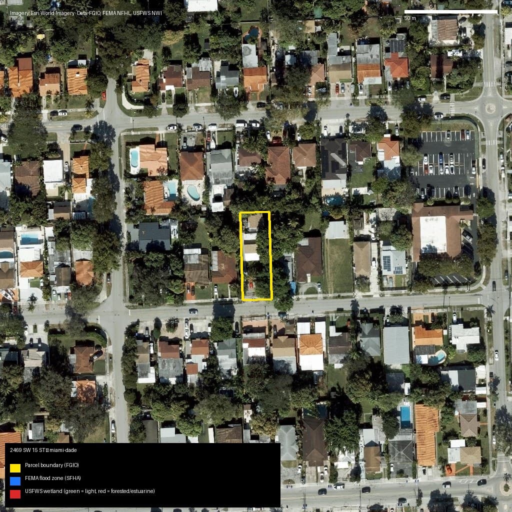 GIS map with parcel polygon, FEMA zone and wetlands — 2469 SW 15 ST, Miami, FL, 33145