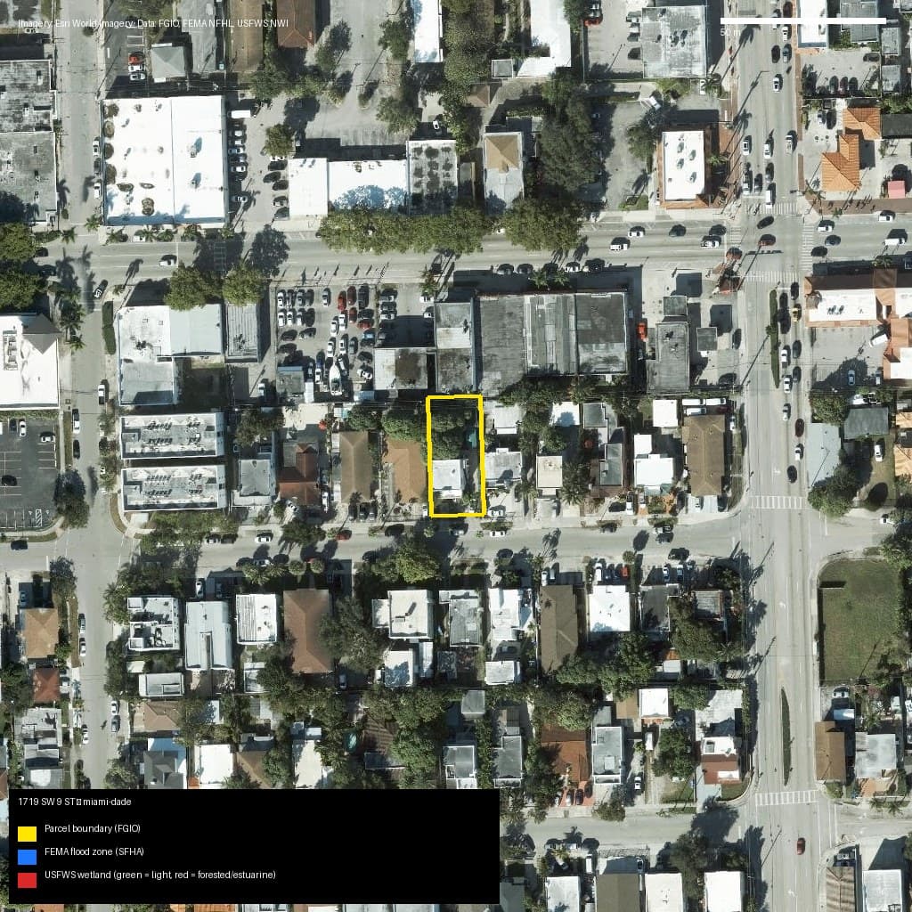 GIS map with parcel polygon, FEMA zone and wetlands — 1719 SW 9 ST, Miami, FL, 33135