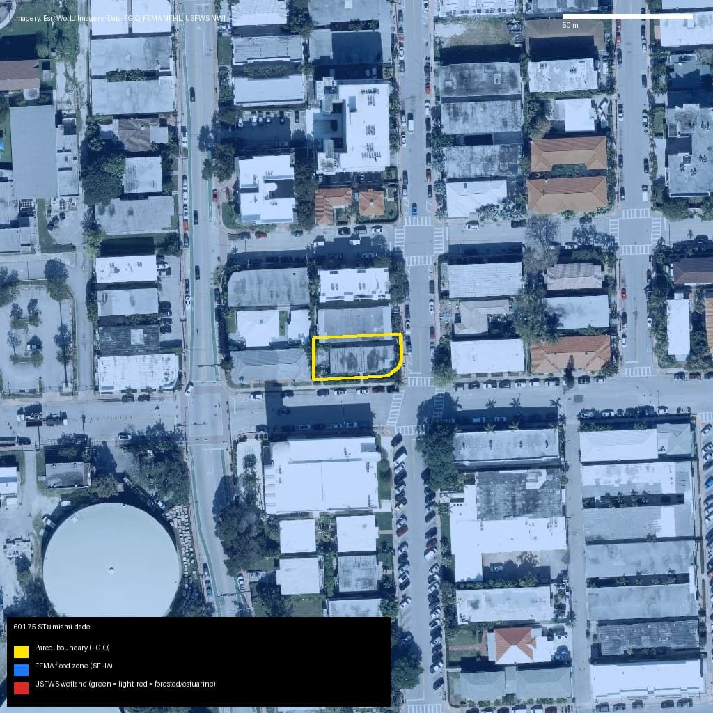 GIS map with parcel polygon, FEMA zone and wetlands — 601 75 ST, Miami Beach, FL, 33141