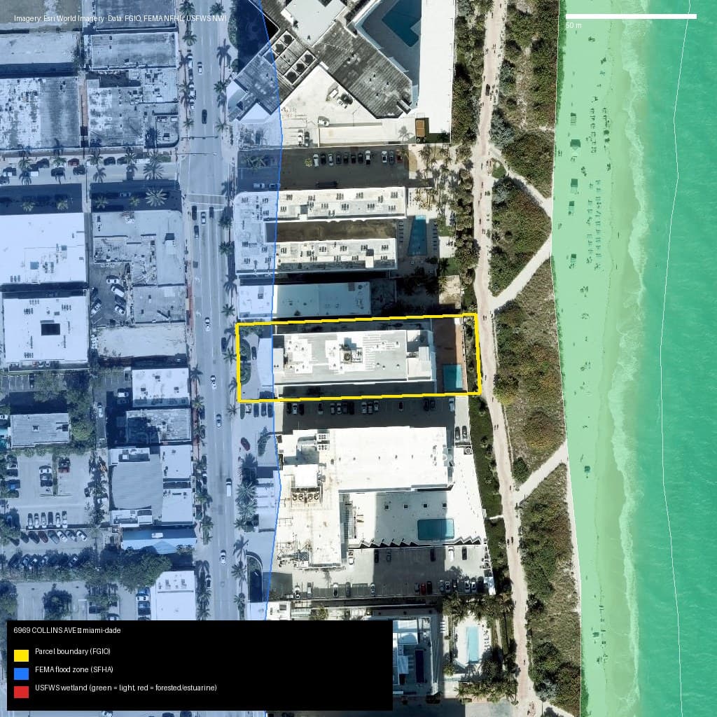 GIS map with parcel polygon, FEMA zone and wetlands — 6969 COLLINS AVE, Miami Beach, FL, 33141