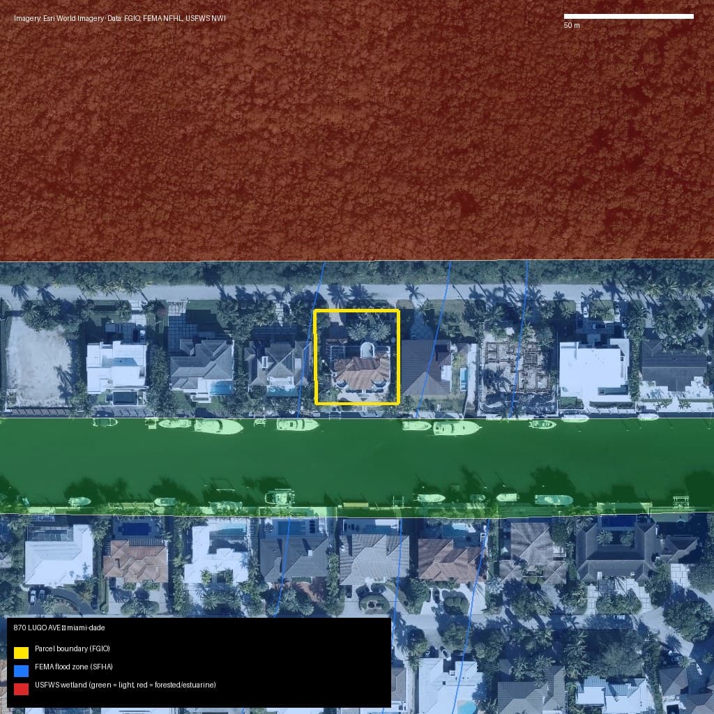 GIS map with parcel polygon, FEMA zone and wetlands — 870 LUGO AVE, Coral Gables, FL, 33156