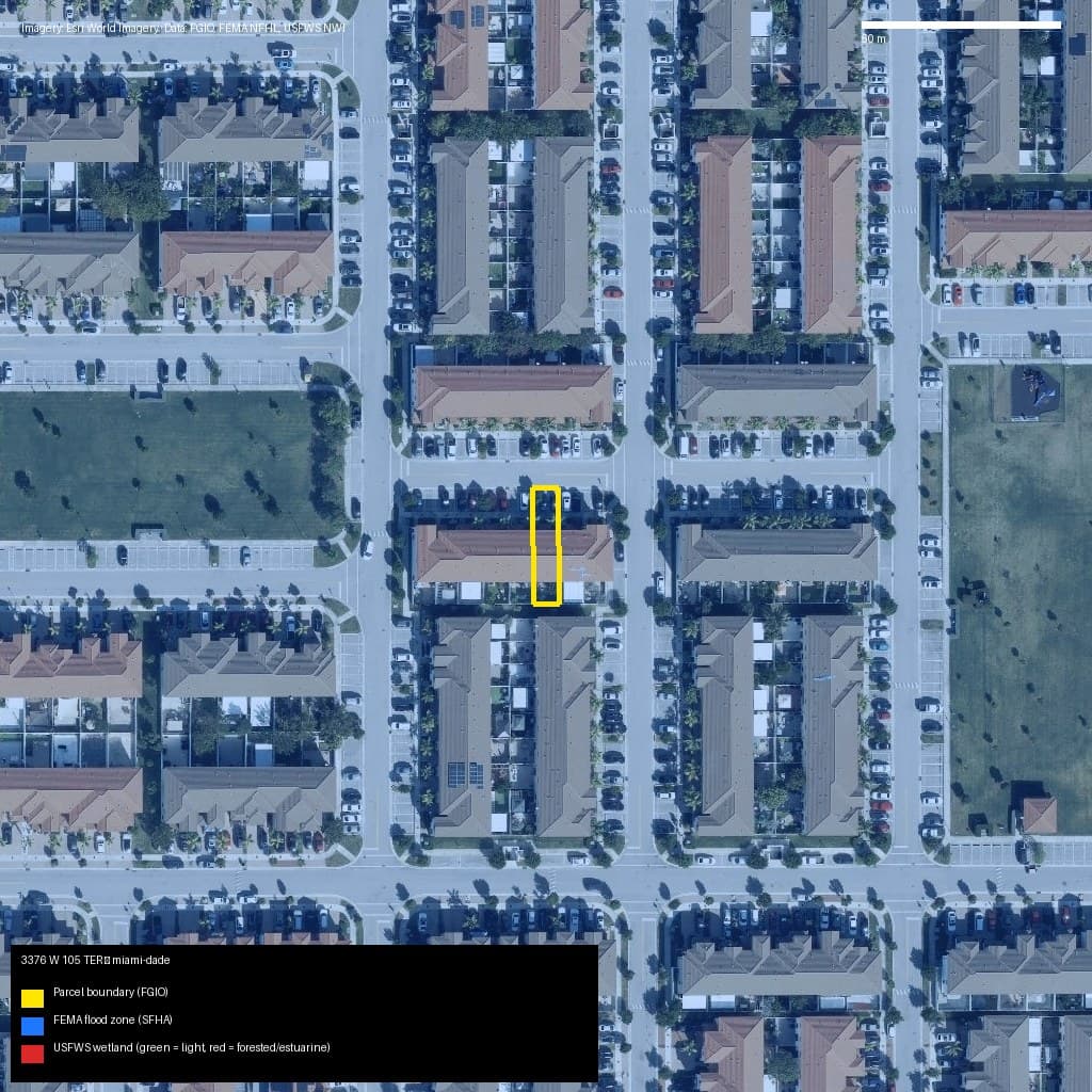 GIS map with parcel polygon, FEMA zone and wetlands — 3376 W 105 TER, Hialeah, FL, 33018