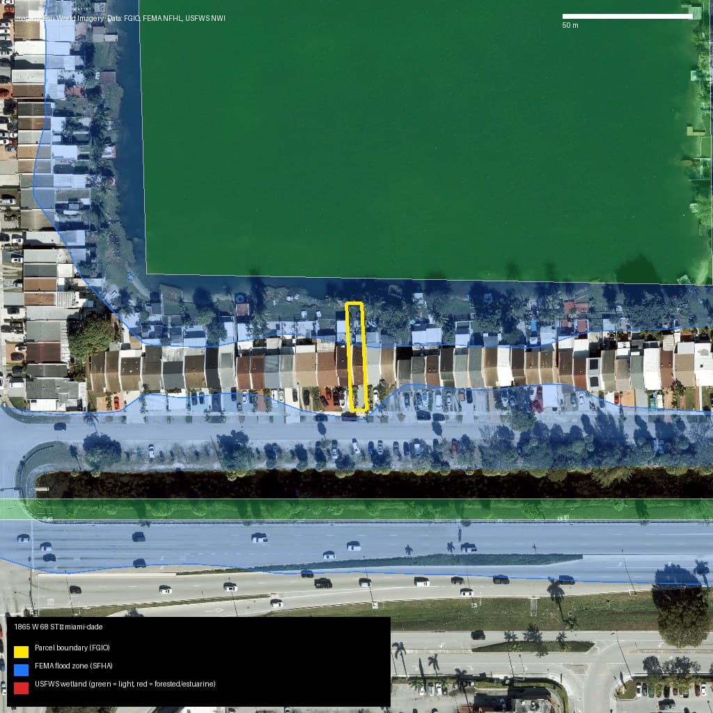 GIS map with parcel polygon, FEMA zone and wetlands — 1865 W 68 ST, Hialeah, FL, 33014