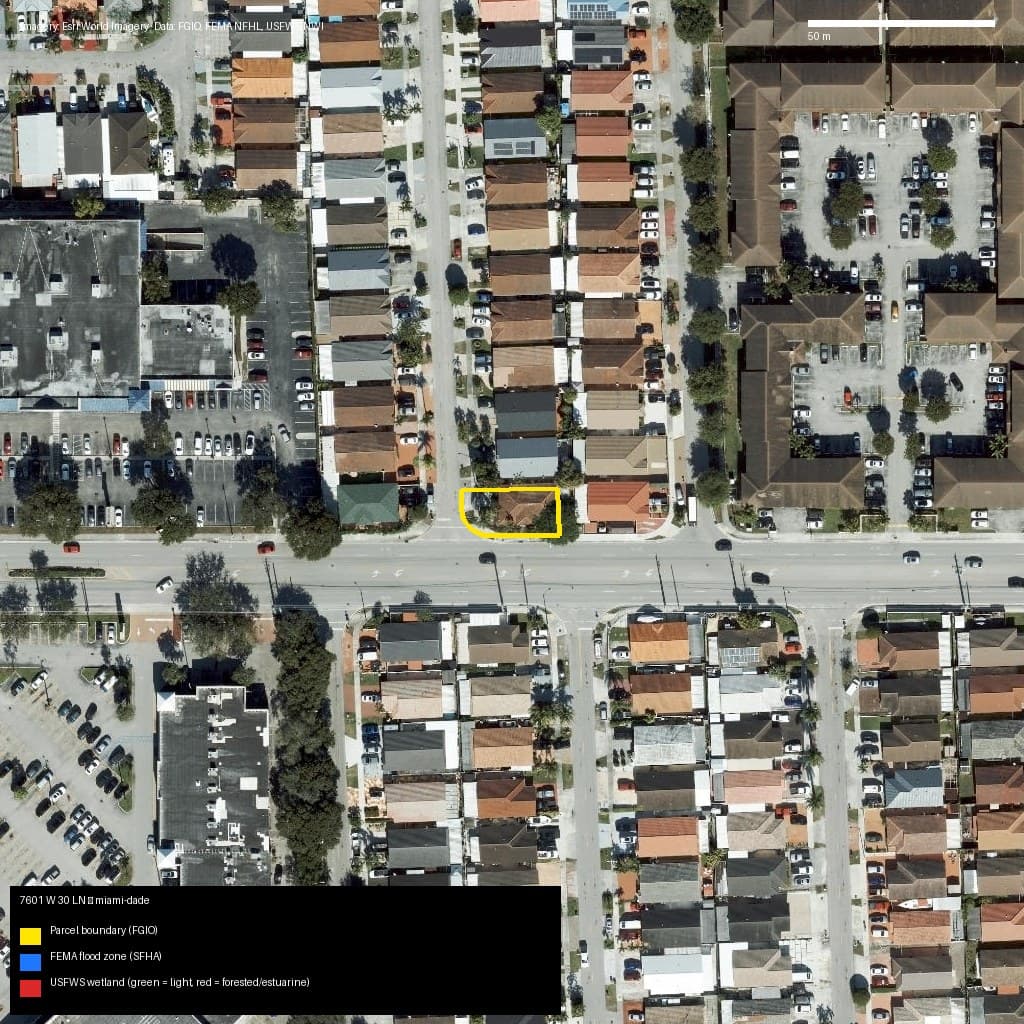 GIS map with parcel polygon, FEMA zone and wetlands — 7601 W 30 LN, Hialeah, FL, 33018