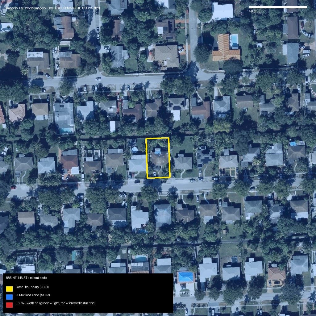GIS map with parcel polygon, FEMA zone and wetlands — 885 NE 146 ST, North Miami, FL, 33161