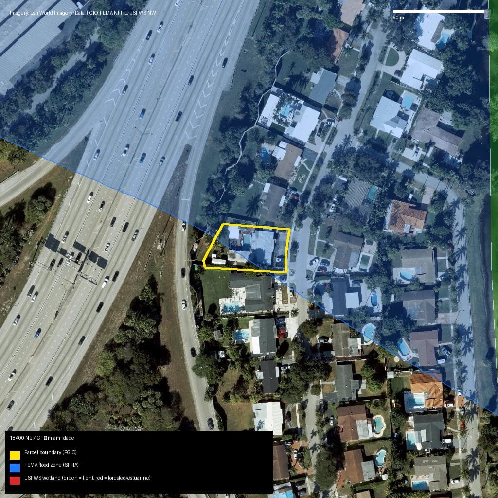 GIS map with parcel polygon, FEMA zone and wetlands — 18400 NE 7 CT, North Miami Beach, FL, 33179
