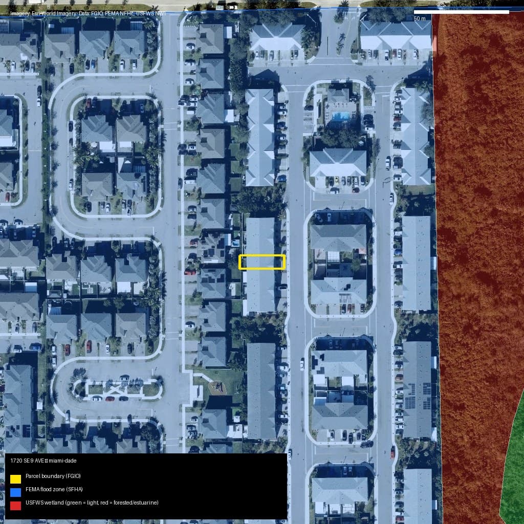 GIS map with parcel polygon, FEMA zone and wetlands — 1720 SE 9 AVE, Homestead, FL, 33034