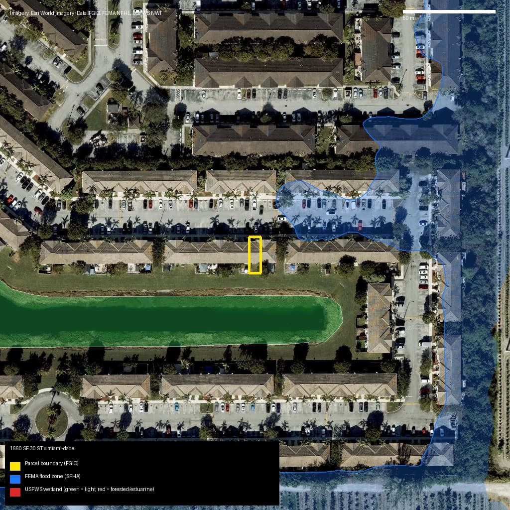 GIS map with parcel polygon, FEMA zone and wetlands — 1660 SE 30 ST, Homestead, FL, 33035