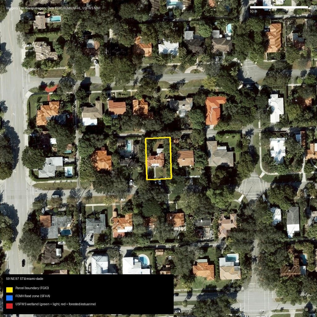 GIS map with parcel polygon, FEMA zone and wetlands — 59 NE 97 ST, Miami Shores, FL, 33138