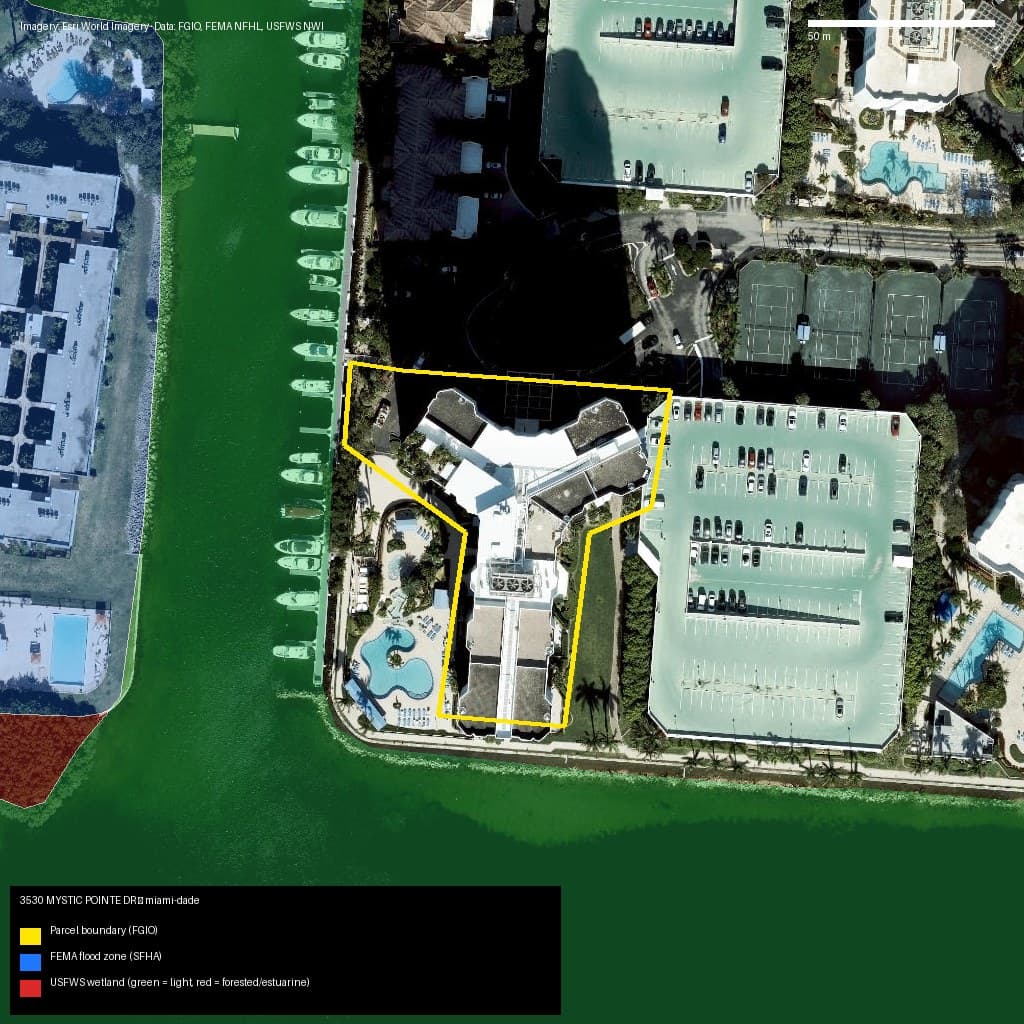 GIS map with parcel polygon, FEMA zone and wetlands — 3530 MYSTIC POINTE DR, Aventura, FL, 33180