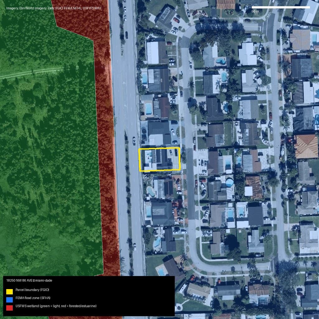 GIS map with parcel polygon, FEMA zone and wetlands — 18250 NW 86 AVE, Unincorporated County, FL, 33015