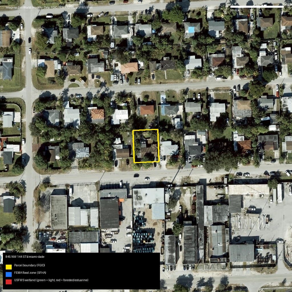 GIS map with parcel polygon, FEMA zone and wetlands — 845 NW 144 ST, Unincorporated County, FL, 33168