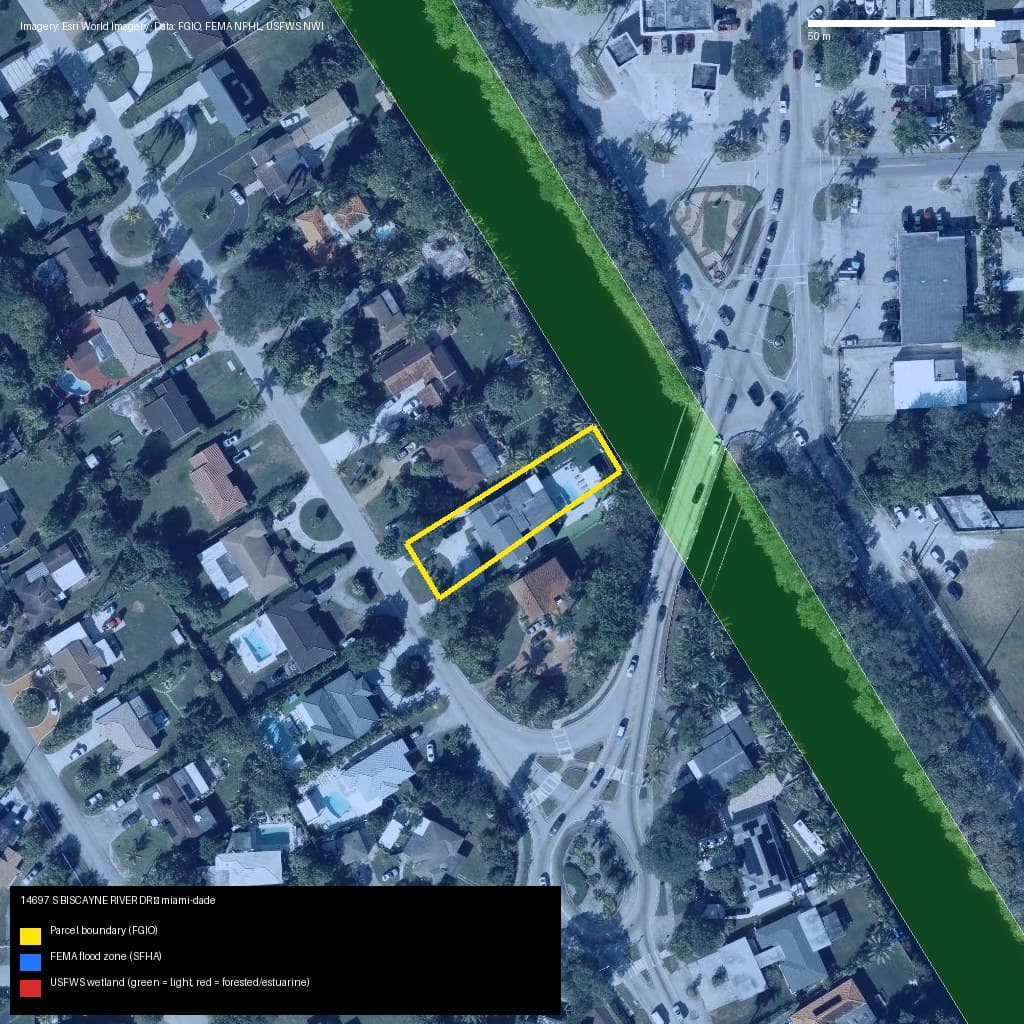 GIS map with parcel polygon, FEMA zone and wetlands — 14697 S BISCAYNE RIVER DR, Unincorporated County, FL, 33168