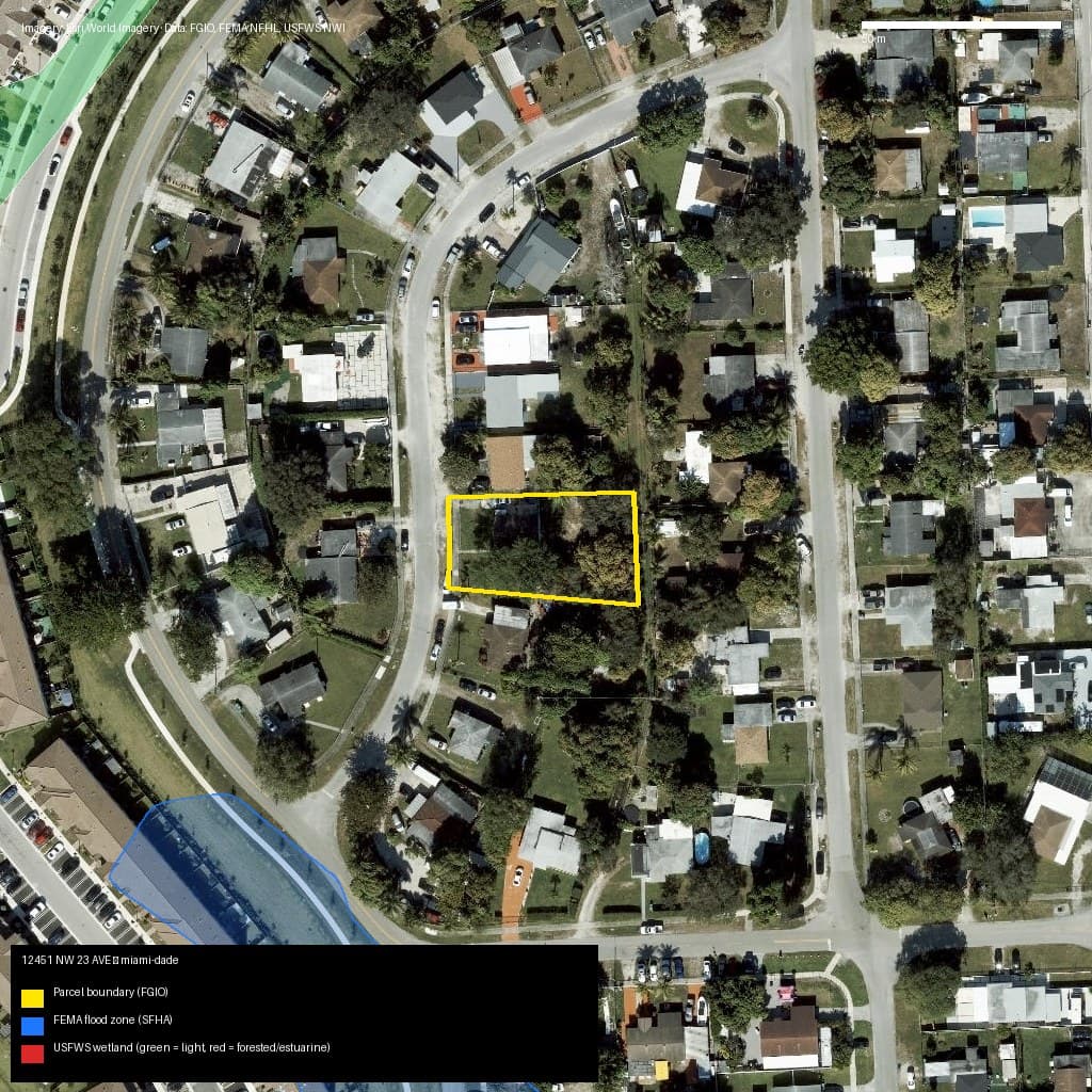 GIS map with parcel polygon, FEMA zone and wetlands — 12451 NW 23 AVE, Unincorporated County, FL, 33167