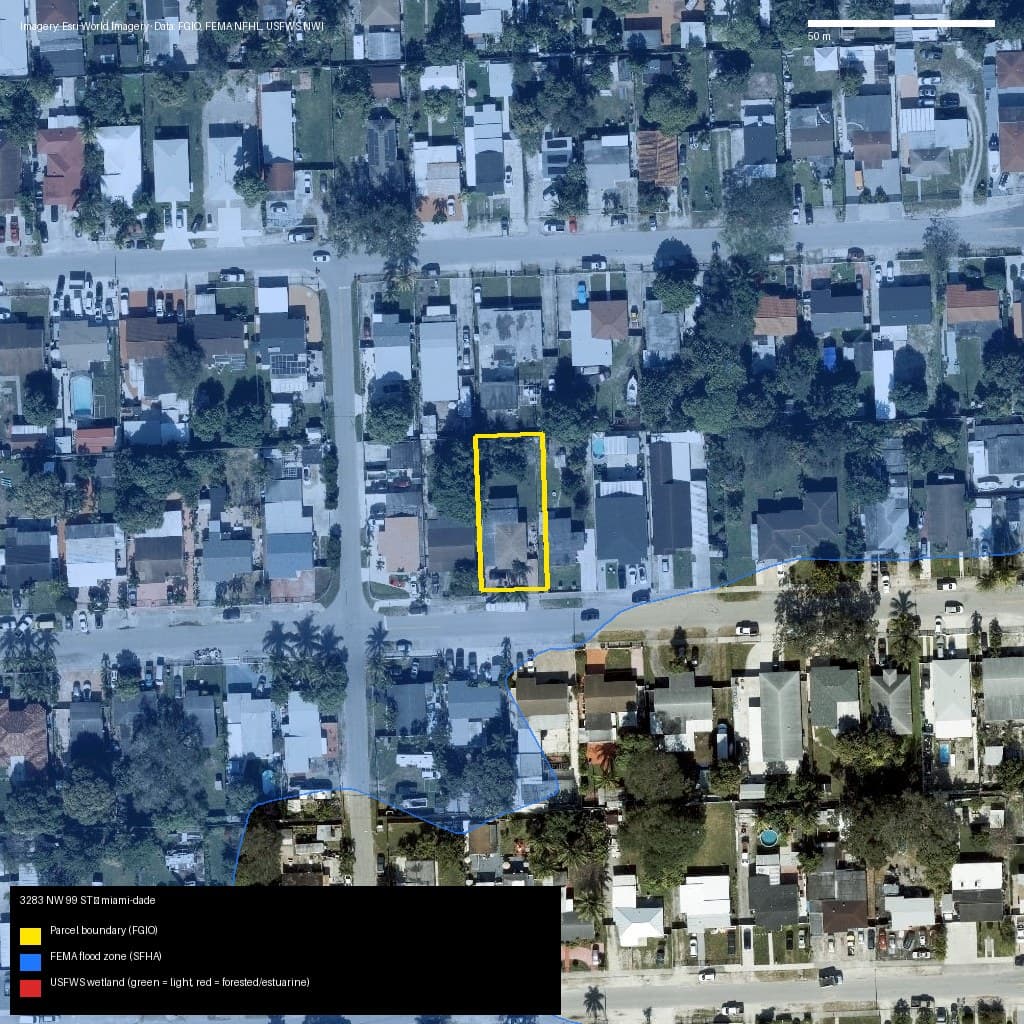 GIS map with parcel polygon, FEMA zone and wetlands — 3283 NW 99 ST, Unincorporated County, FL, 33147
