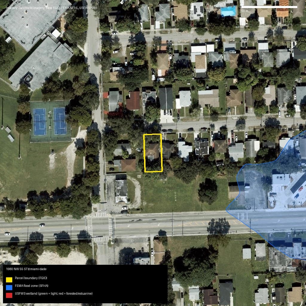 GIS map with parcel polygon, FEMA zone and wetlands — 1980 NW 55 ST, Unincorporated County, FL, 33142