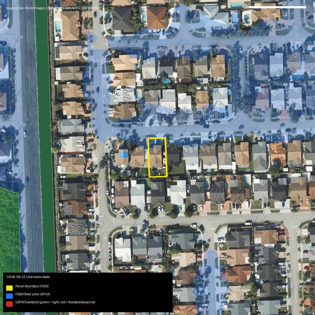 GIS map with parcel polygon, FEMA zone and wetlands — 14340 SW 23 LN, Unincorporated County, FL, 33175