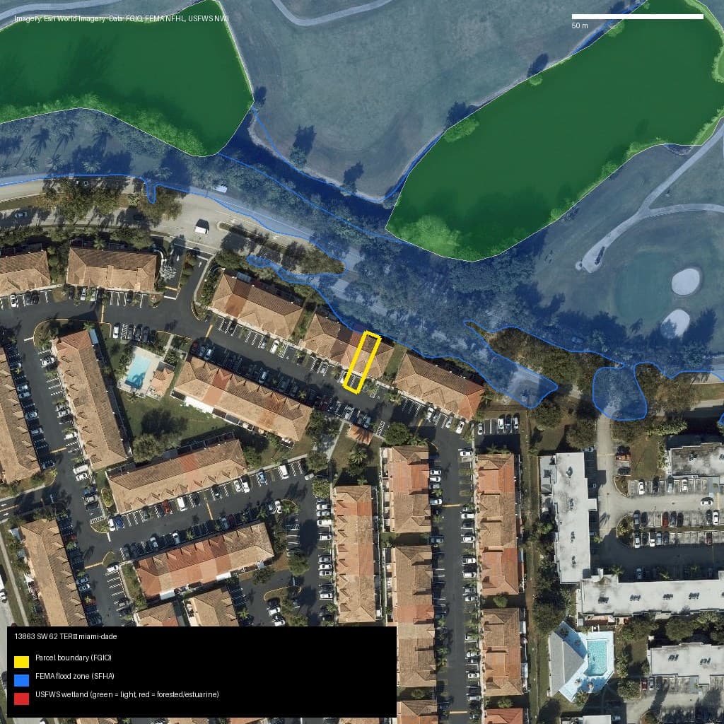 GIS map with parcel polygon, FEMA zone and wetlands — 13863 SW 62 TER, Unincorporated County, FL, 33183