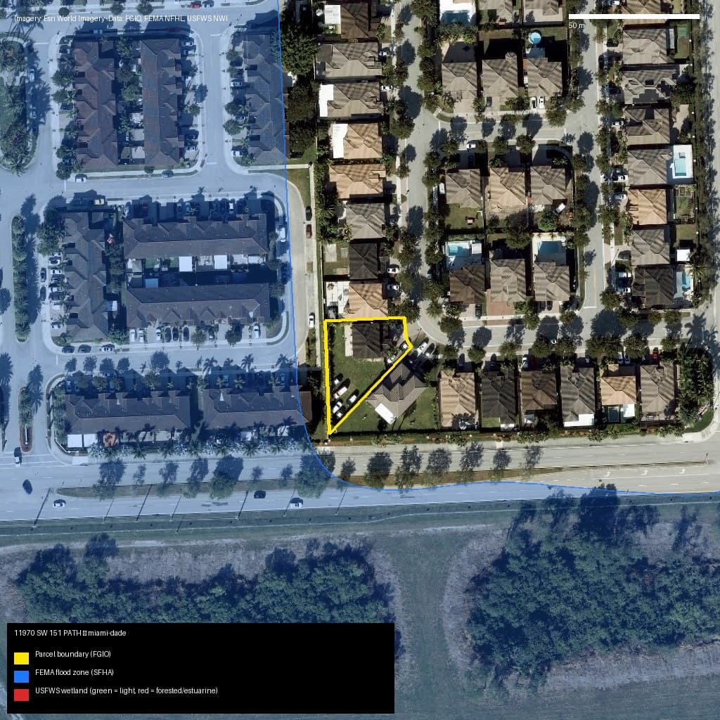 GIS map with parcel polygon, FEMA zone and wetlands — 11970 SW 151 PATH, Unincorporated County, FL, 33196