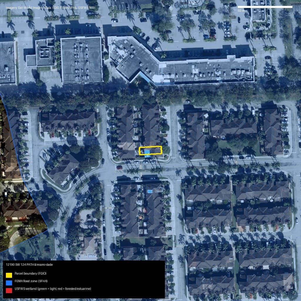 GIS map with parcel polygon, FEMA zone and wetlands — 12190 SW 124 PATH, Unincorporated County, FL, 33186