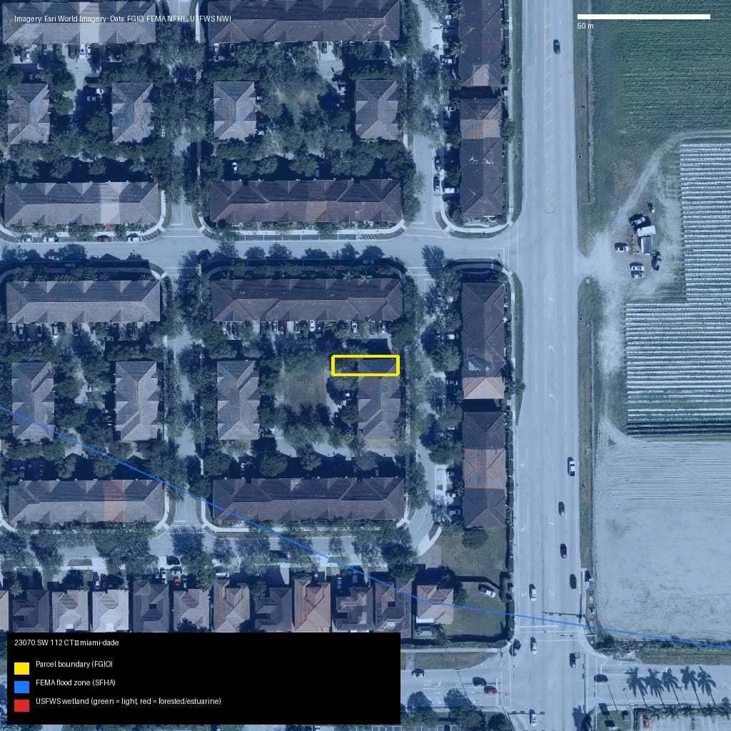 GIS map with parcel polygon, FEMA zone and wetlands — 23070 SW 112 CT, Unincorporated County, FL, 33170