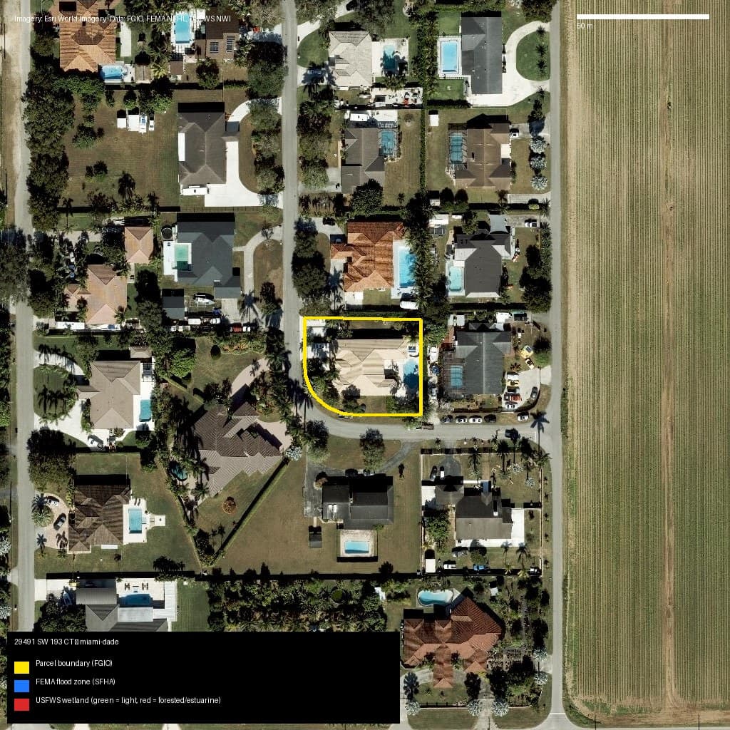 GIS map with parcel polygon, FEMA zone and wetlands — 29491 SW 193 CT, Unincorporated County, FL, 33030