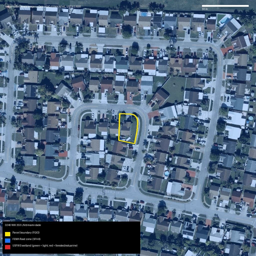GIS map with parcel polygon, FEMA zone and wetlands — 3240 NW 203 LN, Miami Gardens, FL, 33056