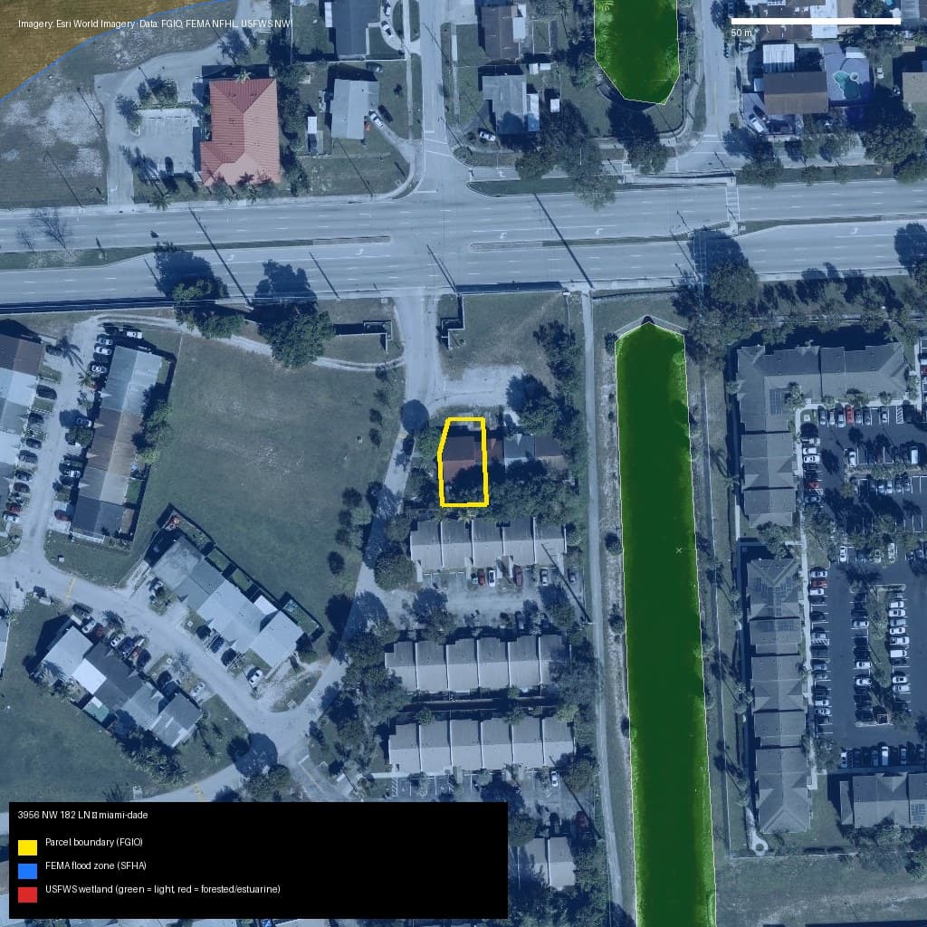 GIS map with parcel polygon, FEMA zone and wetlands — 3956 NW 182 LN, Miami Gardens, FL, 33055