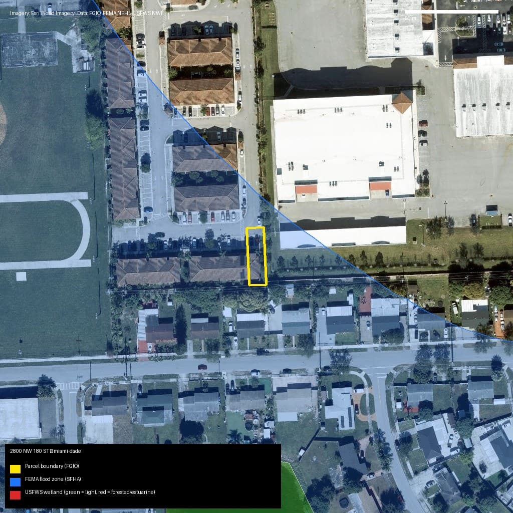 GIS map with parcel polygon, FEMA zone and wetlands — 2800 NW 180 ST, Miami Gardens, FL, 33056