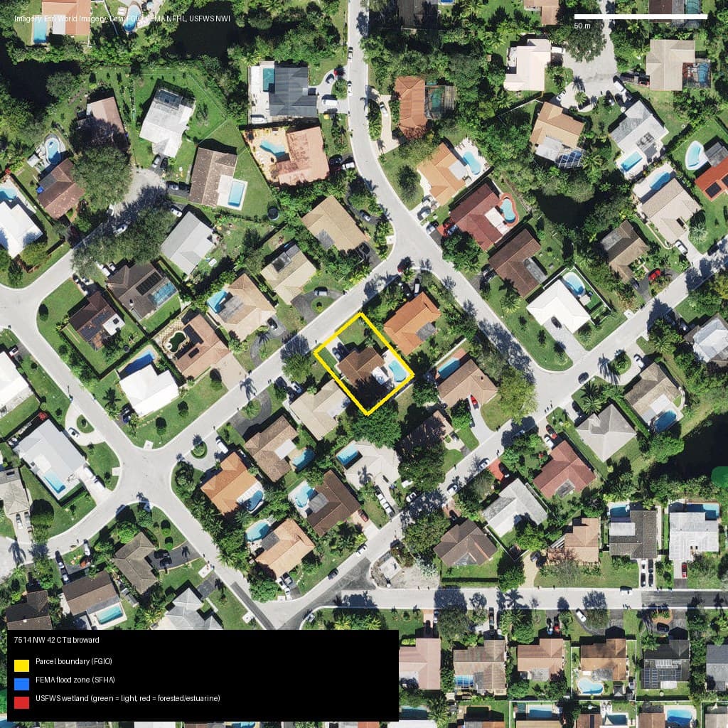 GIS map with parcel polygon, FEMA zone and wetlands — 7514 NW 42 CT, CORAL SPRINGS, FL, 33065