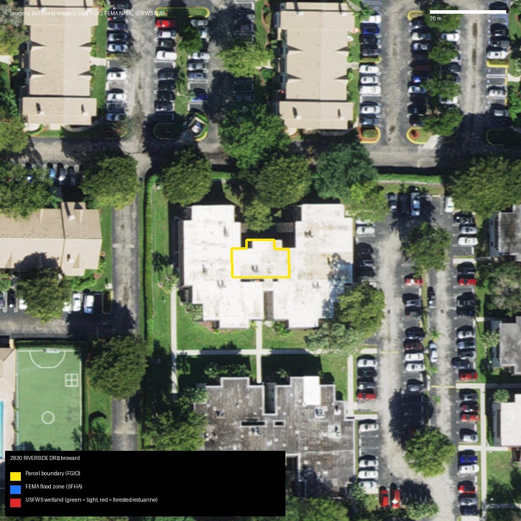 GIS map with parcel polygon, FEMA zone and wetlands — 2830 RIVERSIDE DR, CORAL SPRINGS, FL, 33065