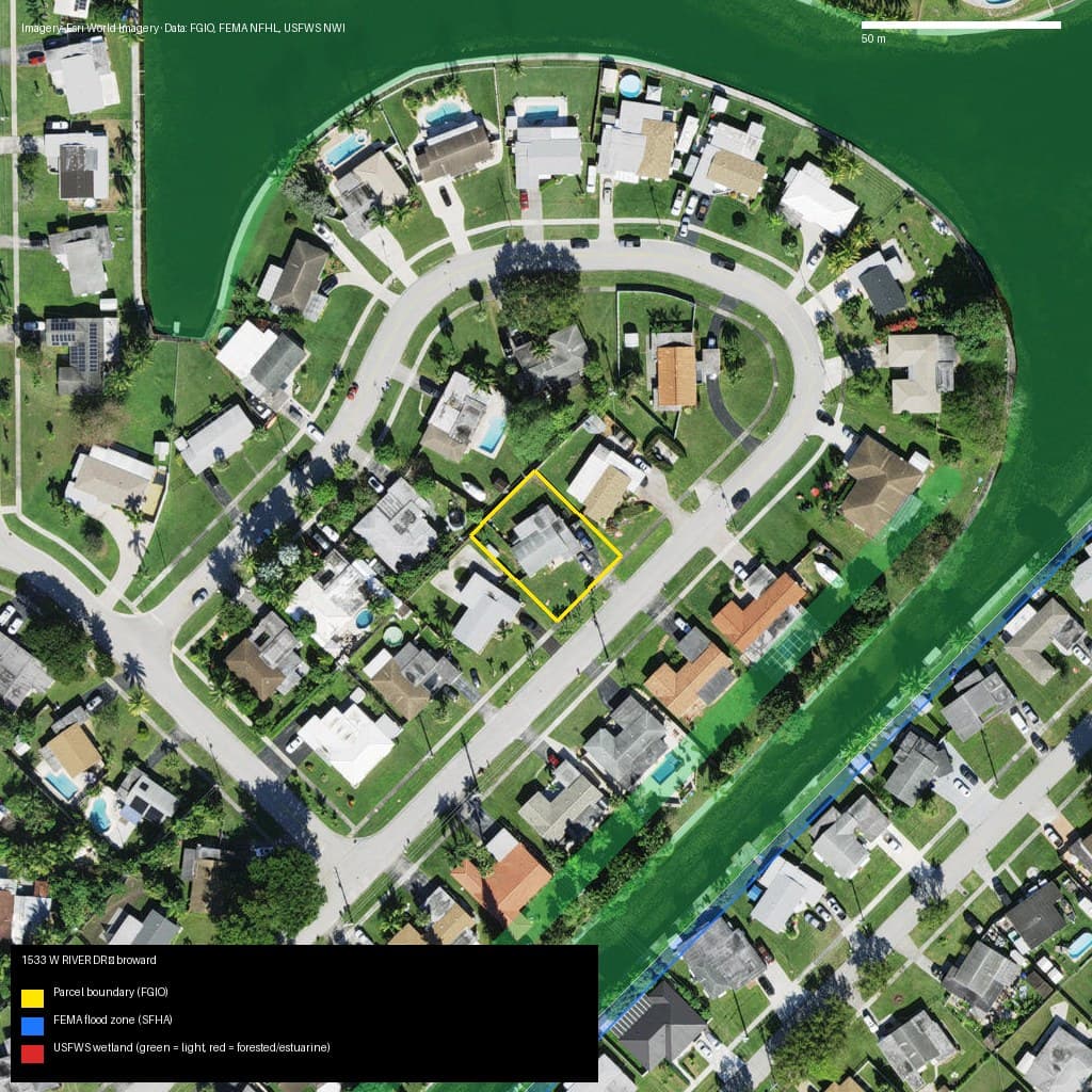 GIS map with parcel polygon, FEMA zone and wetlands — 1533 W RIVER DR, MARGATE, FL, 33063