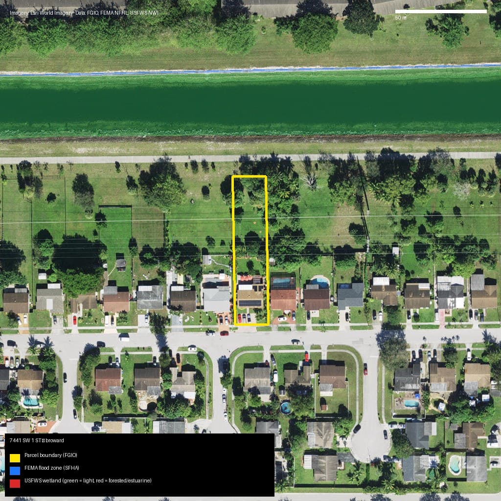 GIS map with parcel polygon, FEMA zone and wetlands — 7441 SW 1 ST, MARGATE, FL, 33068