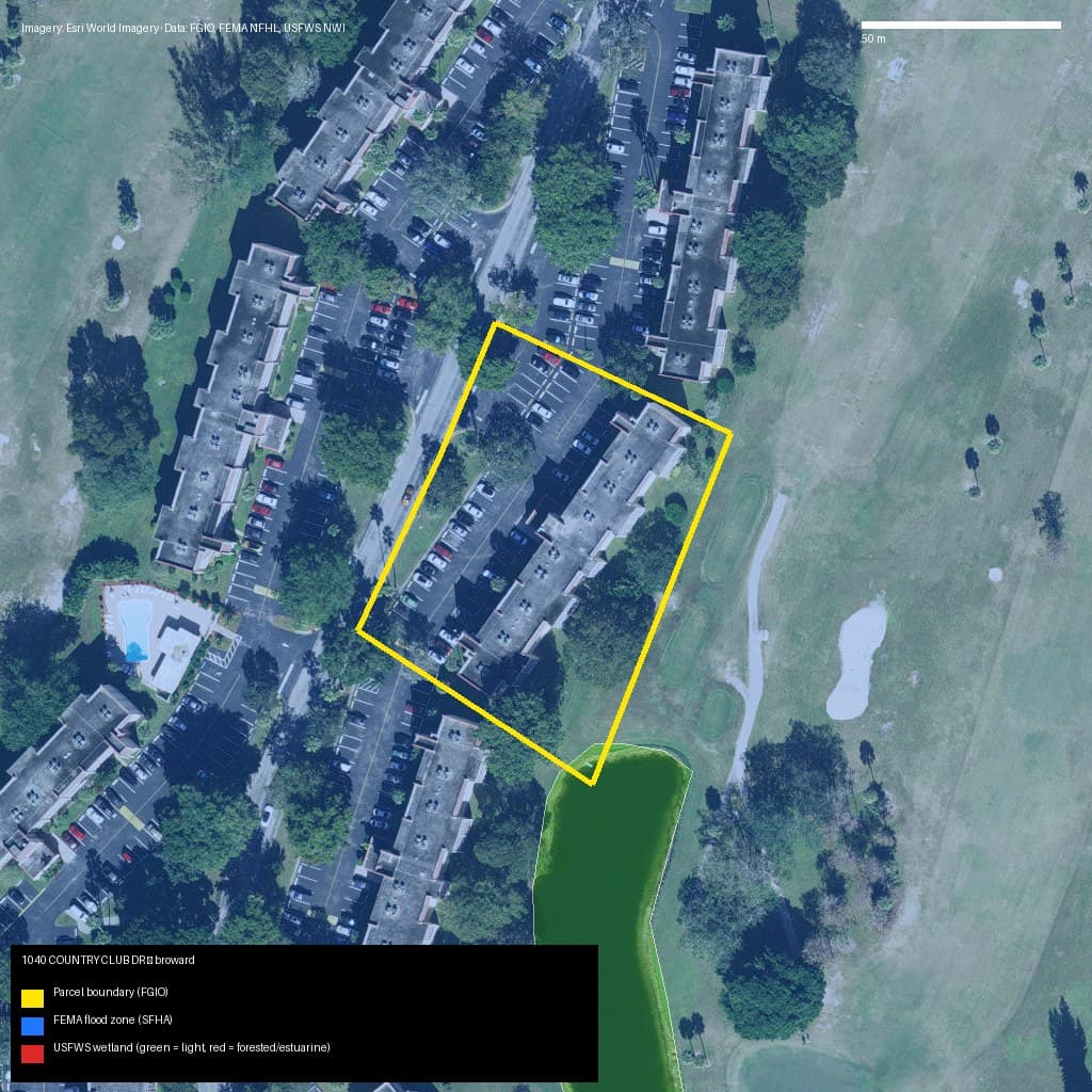 GIS map with parcel polygon, FEMA zone and wetlands — 1040 COUNTRY CLUB DR, MARGATE, FL, 33063