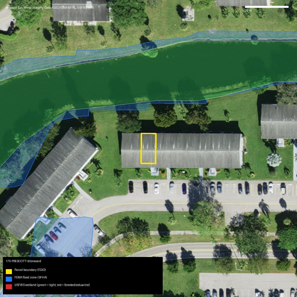 GIS map with parcel polygon, FEMA zone and wetlands — 175 PRESCOTT I, DEERFIELD BEACH, FL, 33442