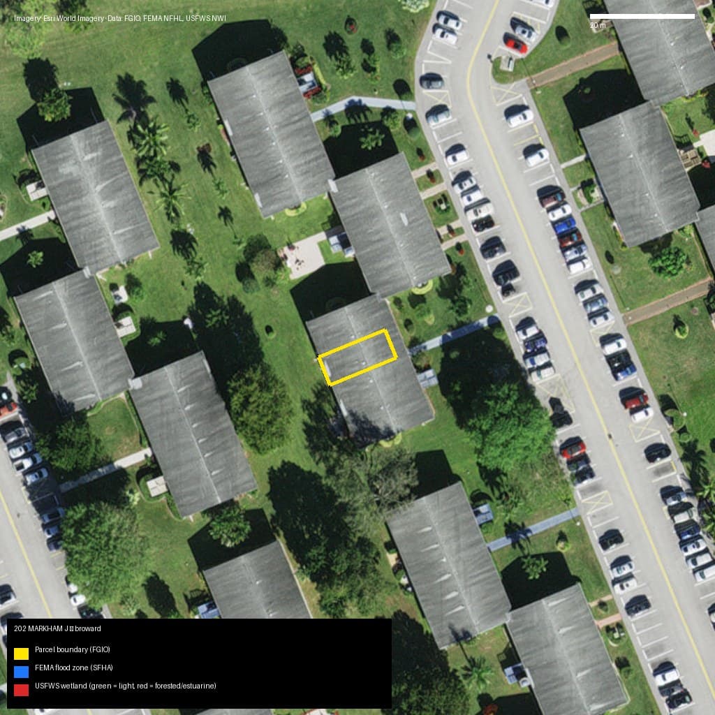 GIS map with parcel polygon, FEMA zone and wetlands — 202 MARKHAM J, DEERFIELD BEACH, FL, 33442