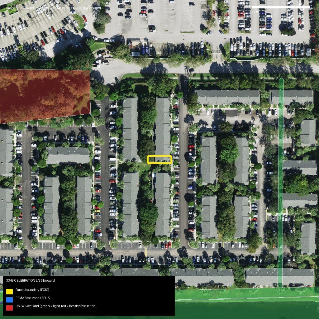 GIS map with parcel polygon, FEMA zone and wetlands — 3349 CELEBRATION LN, MARGATE, FL, 33063