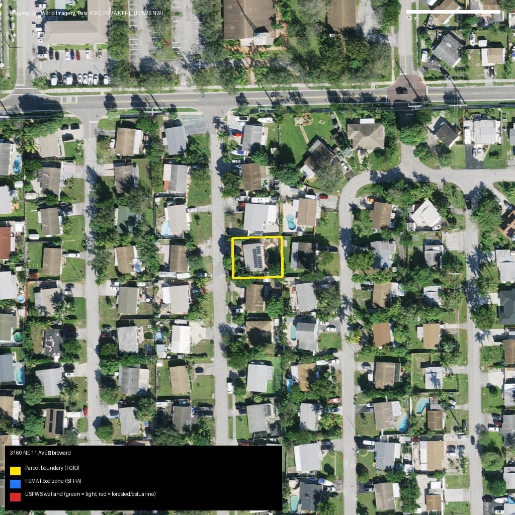 GIS map with parcel polygon, FEMA zone and wetlands — 3160 NE 11 AVE, POMPANO BEACH, FL, 33064