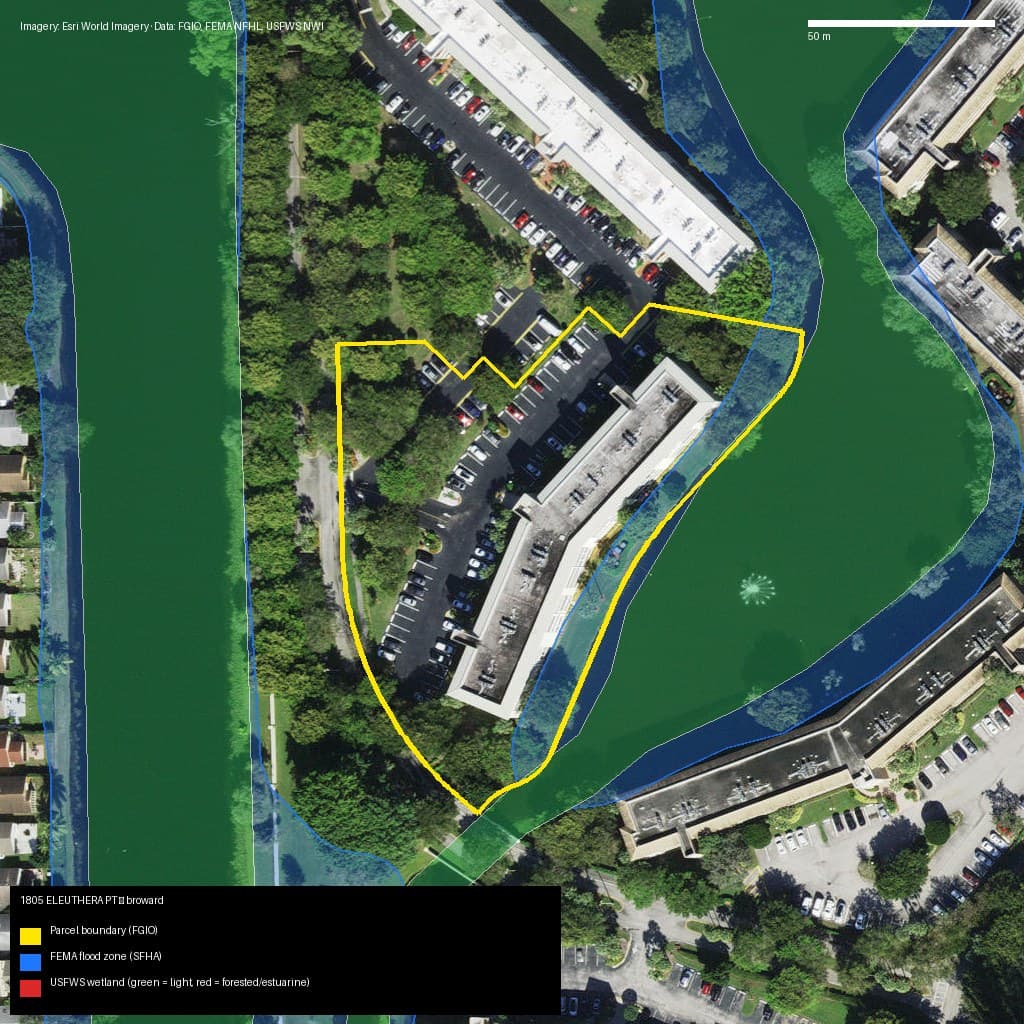 GIS map with parcel polygon, FEMA zone and wetlands — 1805 ELEUTHERA PT, COCONUT CREEK, FL, 33066