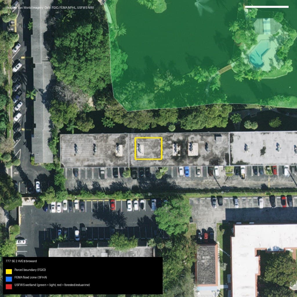 GIS map with parcel polygon, FEMA zone and wetlands — 777 SE 2 AVE, DEERFIELD BEACH, FL, 33441