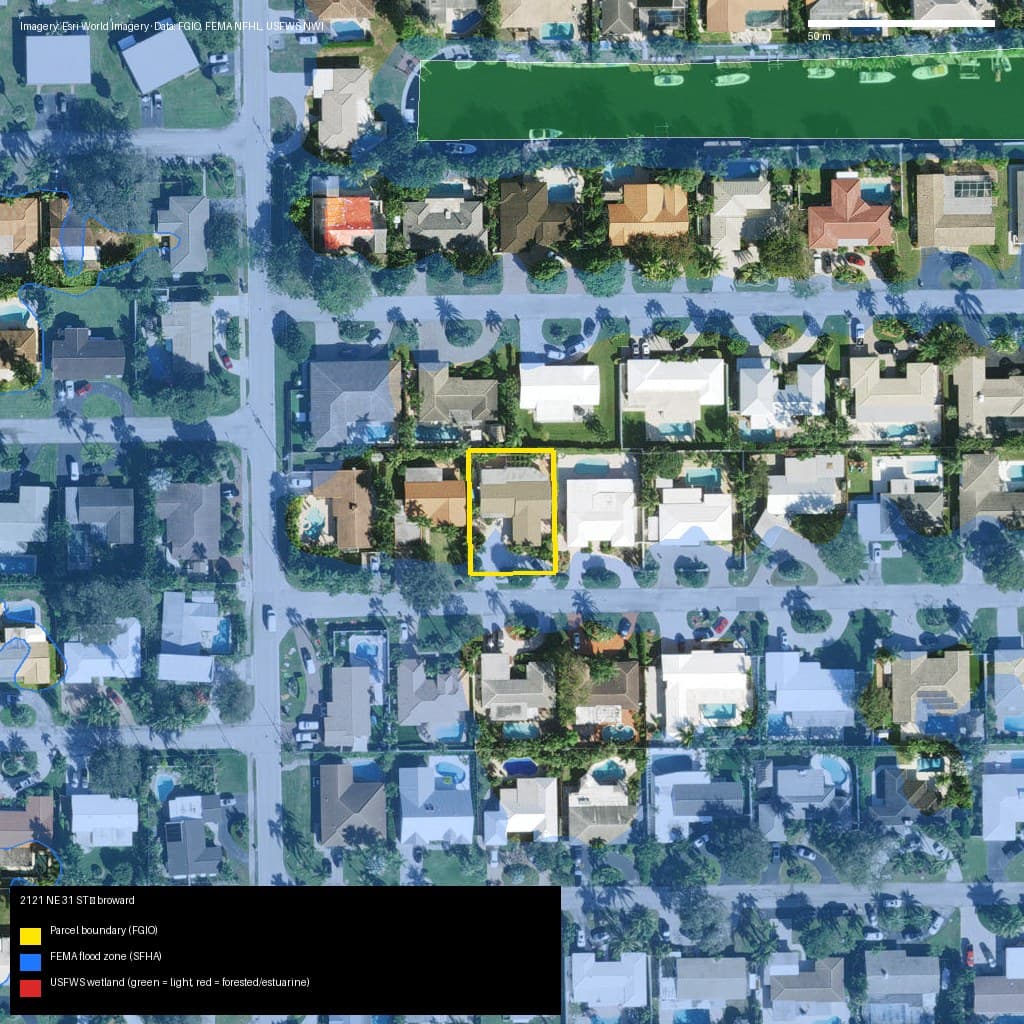 GIS map with parcel polygon, FEMA zone and wetlands — 2121 NE 31 ST, LIGHTHOUSE POINT, FL, 33064