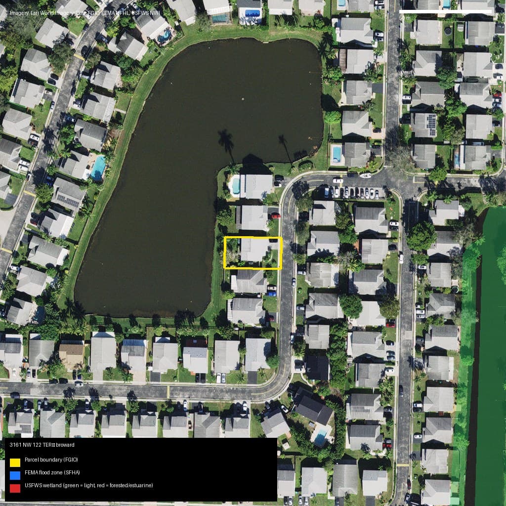 GIS map with parcel polygon, FEMA zone and wetlands — 3161 NW 122 TER, SUNRISE, FL, 33323