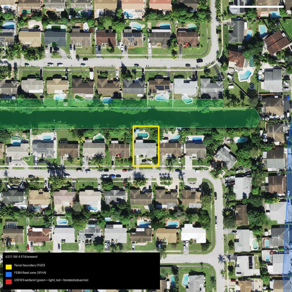 GIS map with parcel polygon, FEMA zone and wetlands — 6221 SW 4 ST, MARGATE, FL, 33063