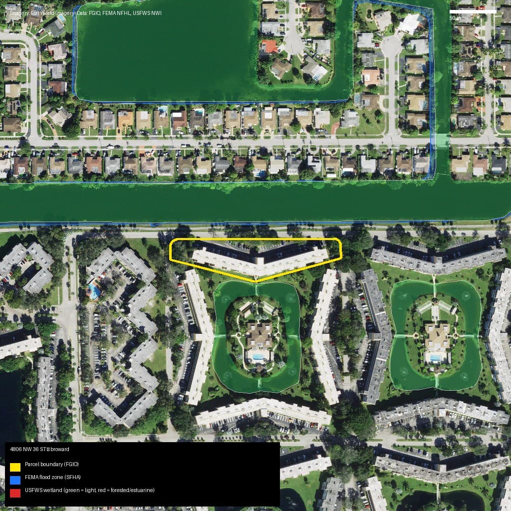GIS map with parcel polygon, FEMA zone and wetlands — 4806 NW 36 ST, LAUDERDALE LAKES, FL, 33319