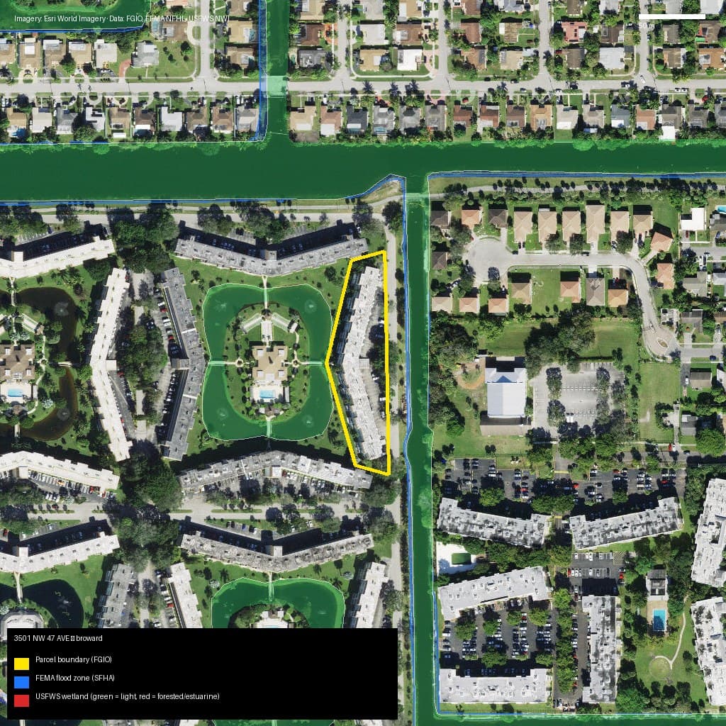 GIS map with parcel polygon, FEMA zone and wetlands — 3501 NW 47 AVE, LAUDERDALE LAKES, FL, 33319